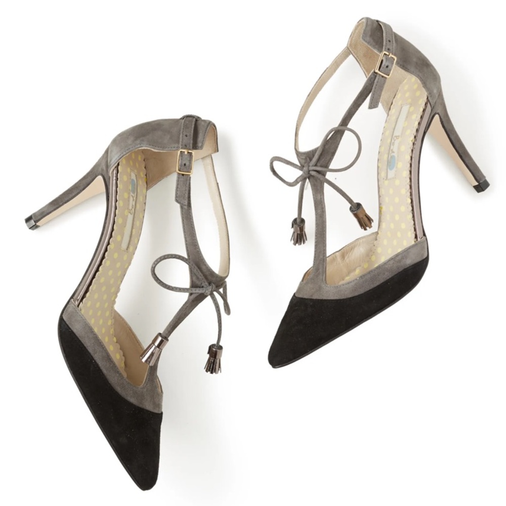 Boden Black Grey Suede Alice Tassel Pointy Toe T-Strap Heels Women's Size 37